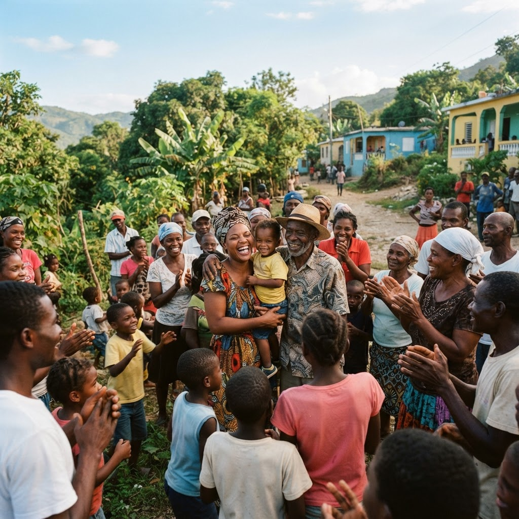 Members of a Haitian community gathered together outdoors, smiling