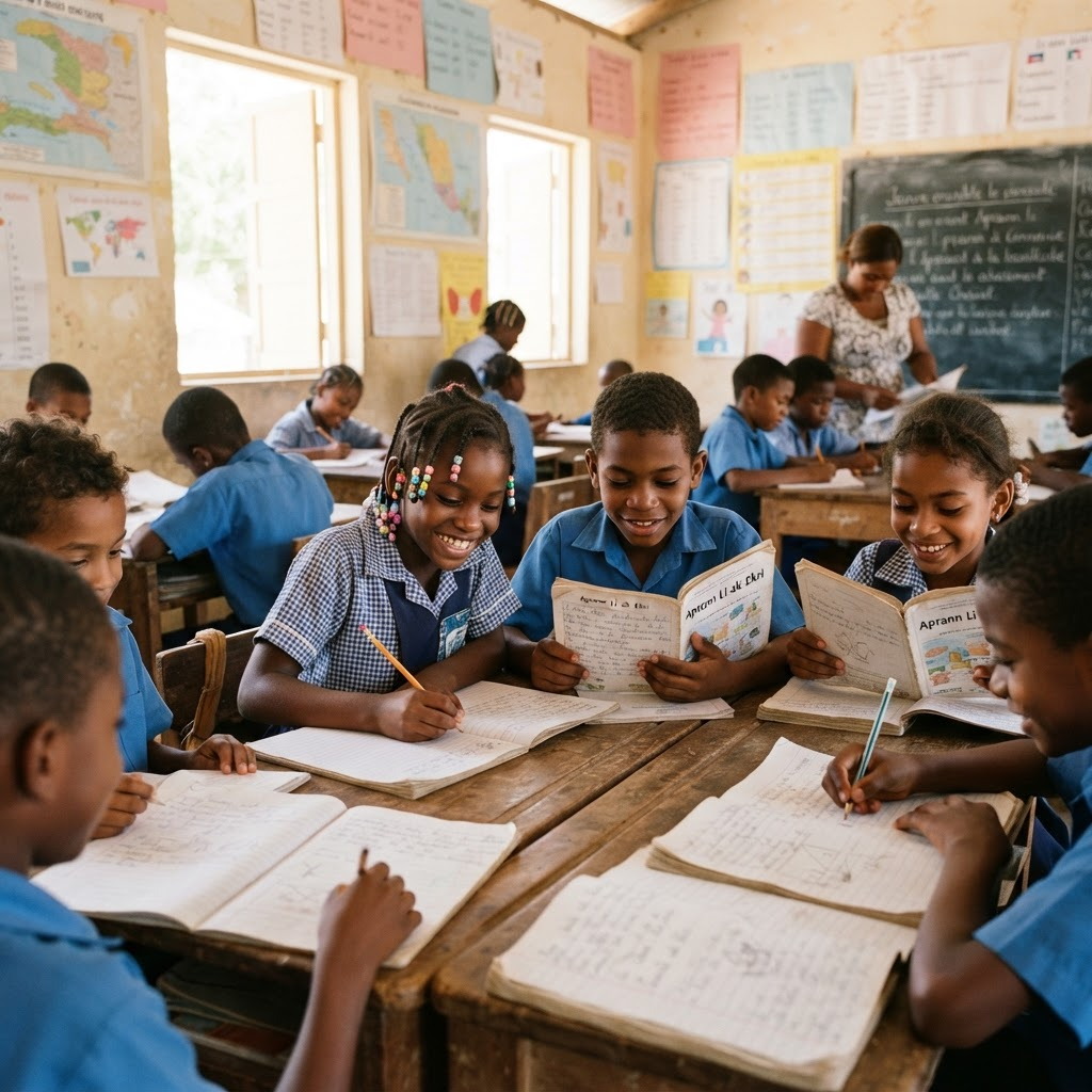 Haitian students reading and writing in a bright classroom