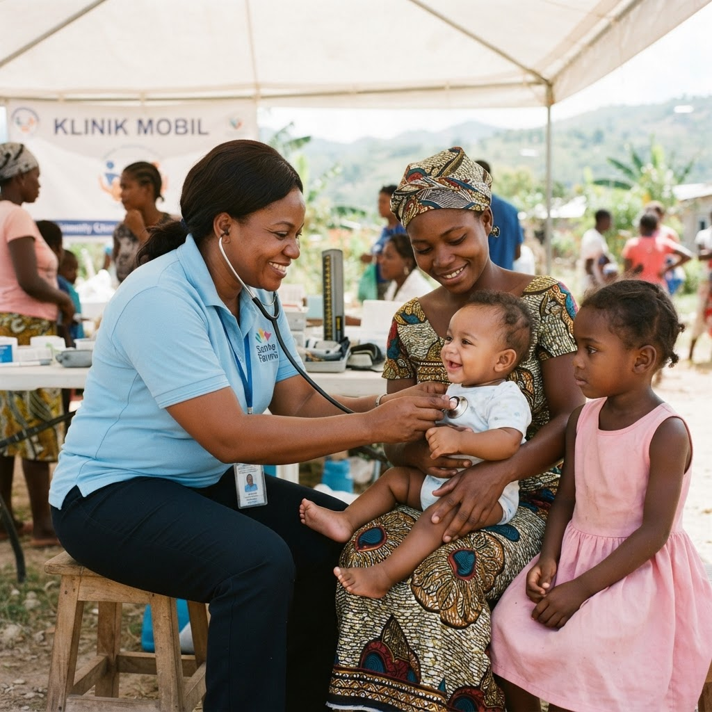 A community health worker caring for a family at a mobile clinic
