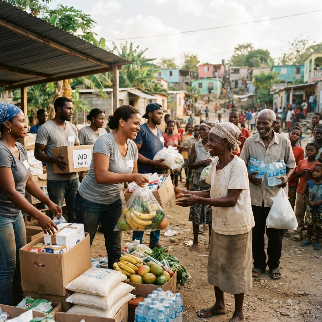 Volunteers distributing food and supplies to a community
